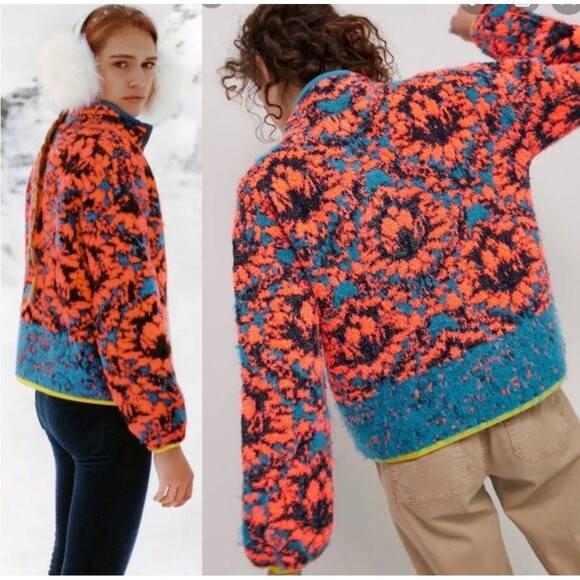 A by Anthropologie Christina Neon Fuzzy Fleece Pullover Sweater Women's Size S - Picture 1 of 10